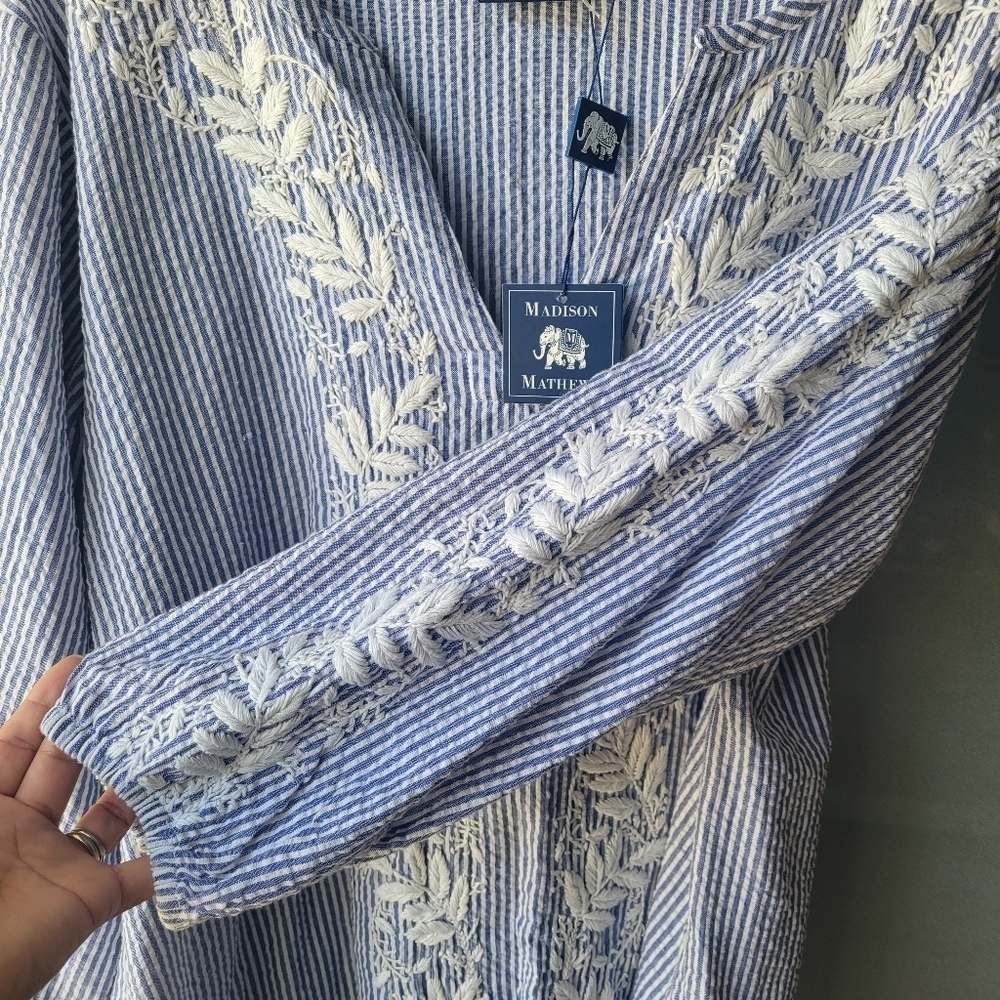 MADISON MATHEWS Blue White Striped Embroidered Tunic L Cotton 3/4 Sleeves NEW - Picture 6 of 12